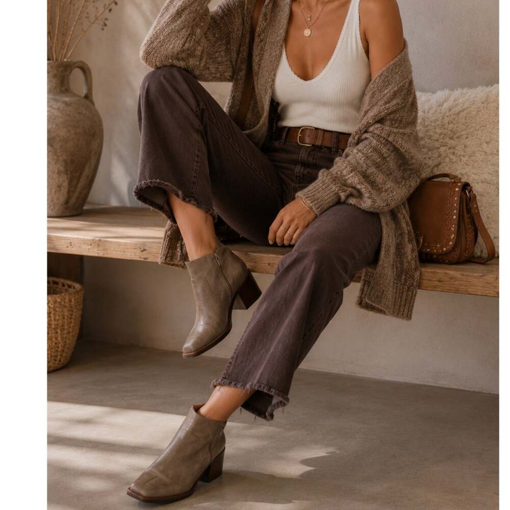 Kork Ease Brown Leather Ankle Boots Womens 8.5 Casual Booties Fall Square Toe
